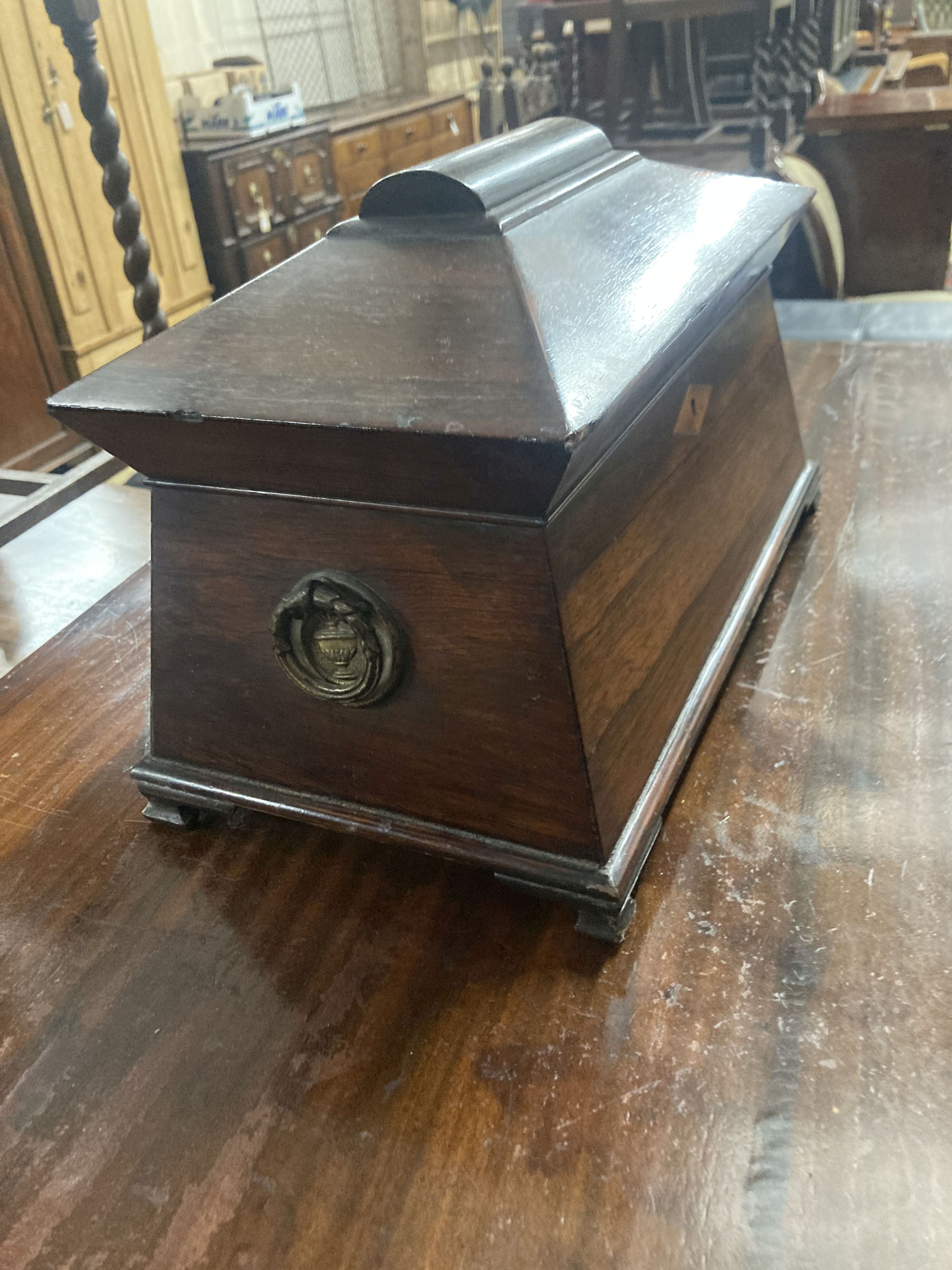 A Victorian rosewood sarcophagus tea caddy, width 34cm, depth 19cm, height 22cm